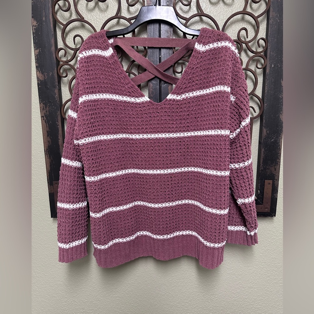 Moral Fiber mauve striped vneck criss cross back sweater